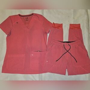 Koi Silky Joggers Scrub Set In Salmon Size Xsmall *Flaw* Ink Spots